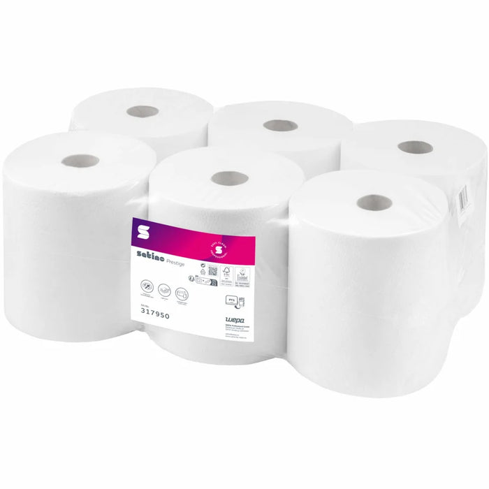 Satino Prestige towel rolls, bright white, 3-ply, PT1 compatible