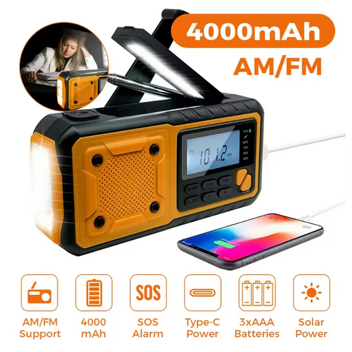 Crank Emergency Radio - With 4000mAh solar panel phone charger and light